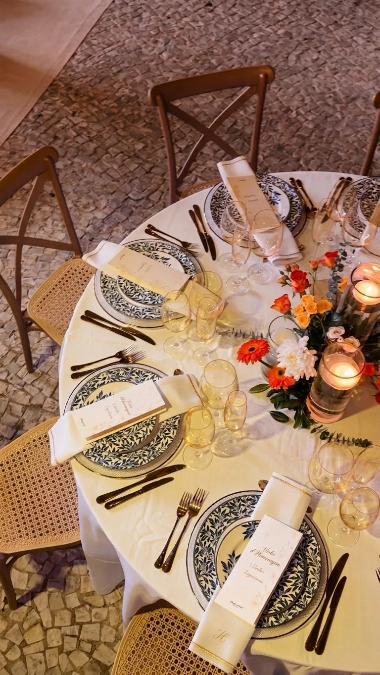 Mesa de celebração com louças, taças e flores