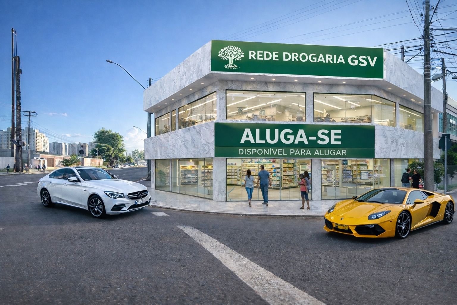 Apresentação visual do imóvel comercial com destaque para fachada e mensagem de aluguel em Goiânia