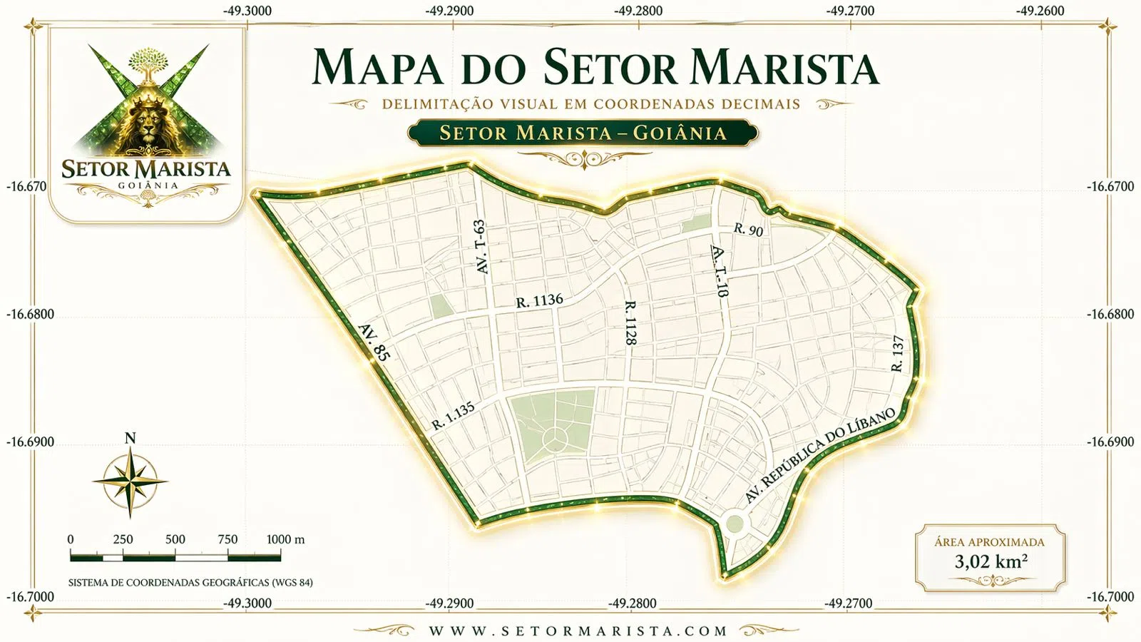 Mapa e imagem institucional do Setor Marista em Goiânia, bairro nobre com alta valorização imobiliária, gastronomia, negócios e qualidade de vida.
