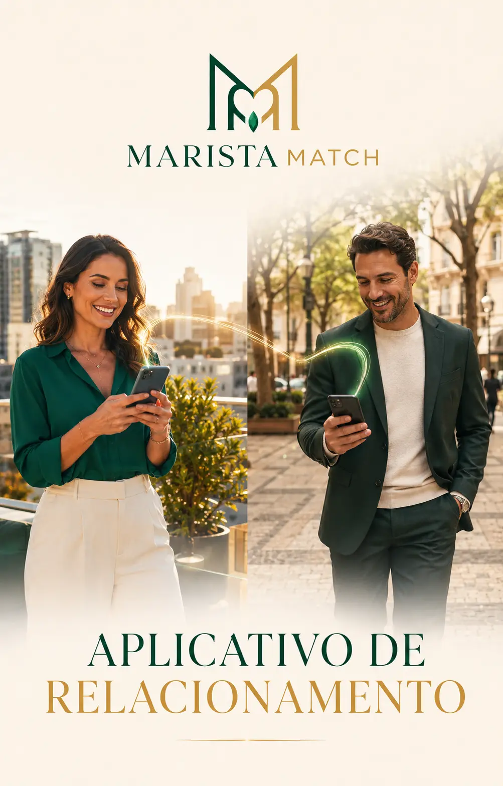 Adultos felizes usando aplicativo de relacionamento no celular