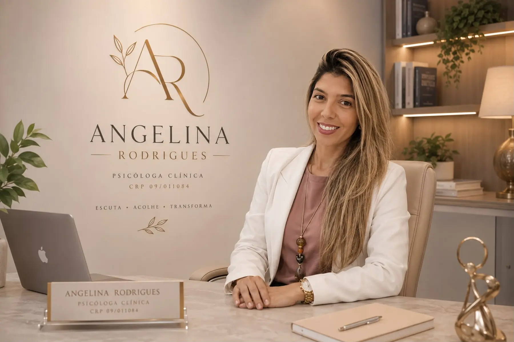 Angelina Rodrigues em consultório de psicologia com identidade visual profissional